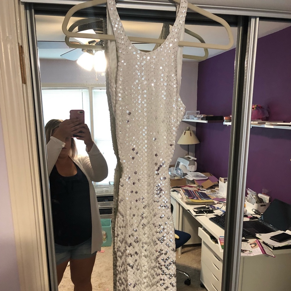 Backless silver/white beaded dress